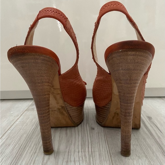 Fendi Logo Orange Skin Platform Slingback Heels Sandals Stilettos Size 37.7 7.5 - Picture 6 of 8